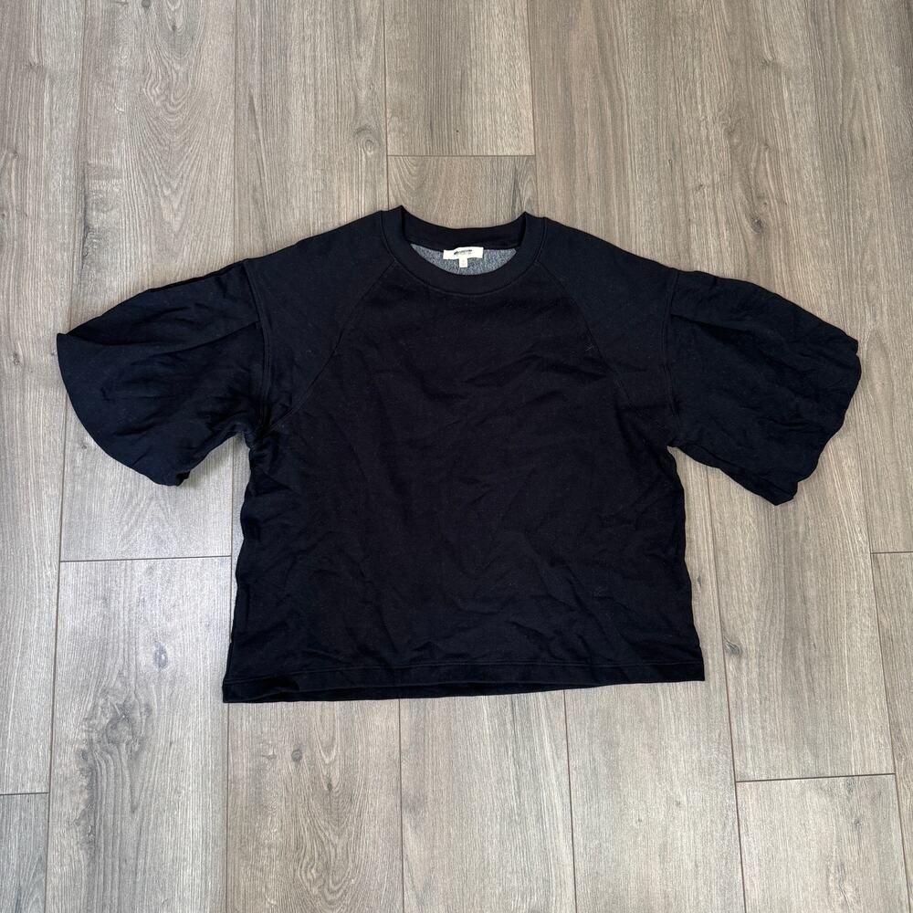 Madewell Puff-Sleeve Sweatshirt Tee Sz M Black Cotton-Blend Fleece Crewneck Boxy - Picture 4 of 8